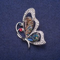 Брошка Метелик з Халіотісом і стразами, сріблястий метал 33х47мм купити біжутерію дешево в інтернеті