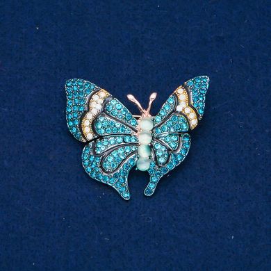 Брошка Метелик золотистий метал, блакитні і білі стрази і намистини 37х45мм + - купити біжутерію дешево в