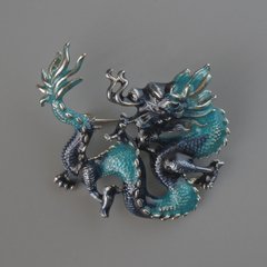 Брошка кулон Дракон блакитна та синя емаль, сріблястий метал 44х37мм купити біжутерію дешево в інтернеті