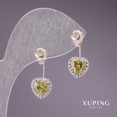 Сережки Xuping пусети кульчики "Сердечка" з білими та світло зеленими каменями 10х20мм родій, позолота 18к