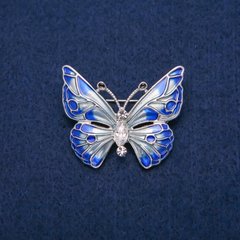 Брошка Метелик з білими кристалами і блакитний емаллю, золотистий метал 31х37мм купити біжутерію дешево в