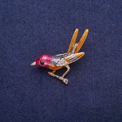 Брошка Пташка на гілці емаль зі стразами, золотистий метал 34х33мм купити біжутерію дешево в інтернеті