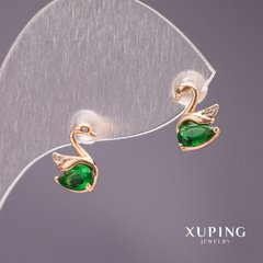 Сережки Xuping пусети кульчики Лебеді з каменем колір зелений 10х7мм позолота 18к купити біжутерію дешево в