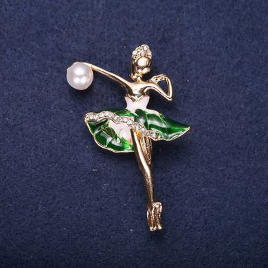 Брошка Балерина зелена і біла емаль з перловою намистиною 54х37мм жовтий метал купити біжутерію дешево в