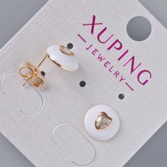Сережки пусети "Серце" Xuping з білим кристалом та емаллю d-10мм позолота 18К купити біжутерію дешево в