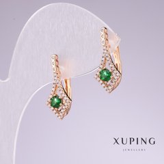 Сережки Xuping позолота 18к із зеленими каменями та білими стразами 20х8мм купити біжутерію дешево в інтернеті