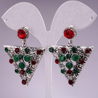 Сережки кристал 4 см ошатні з зеленими і червоними стразами трикутники купити біжутерію дешево в інтернеті