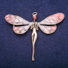 Брошь Фея с розовым кристаллом и эмалью, золотистый металл 50х60мм