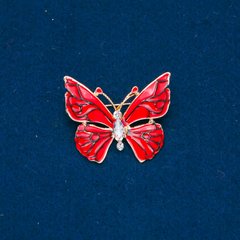 Брошка Метелик золотистий метал, червона емаль і білі кристали 32х37мм + - купити біжутерію дешево в інтернеті