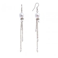 Сережки підвіски з білим перлами ( їм ) і стразами на ланцюжках, метал під срібло, 95мм купити біжутерію
