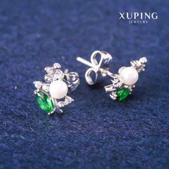 Сережки пусети кульчики Xuping із зеленими кристалами та Майоркою d-8х13мм Родій