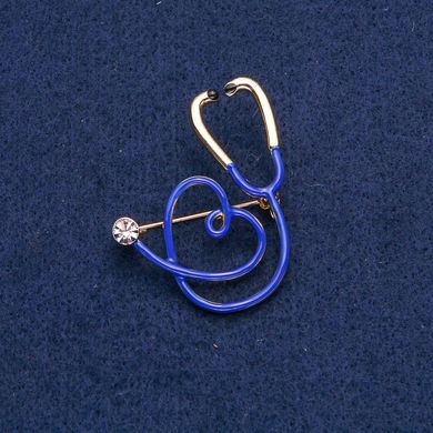 Брошка синій Стетоскоп з серцем, білий камінь, золотистий метал 43х33мм купити біжутерію дешево в інтернеті