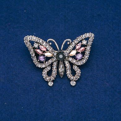 Брошка Метелик т. Золотистий метал, сірі, фіолетові, рожеві і жовті стрази 38х52мм + - купити біжутерію дешево