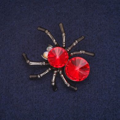 Брошка Павук з червоним кристалом і сірою емаллю, сріблястий метал 36х40мм купити біжутерію дешево в інтернеті