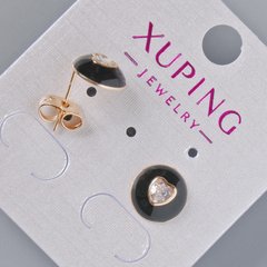 Сережки пусети "Серце" Xuping з білим кристалом та чорною емаллю d-10мм позолота 18К купити біжутерію дешево в