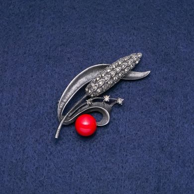 Брошка кулон Колосок з червоним перлами "Майорка 68х30мм купити біжутерію дешево в інтернеті