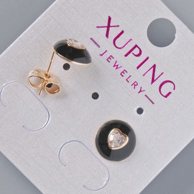 Сережки пусети "Серце" Xuping з білим кристалом та чорною емаллю d-10мм позолота 18К купити біжутерію дешево в