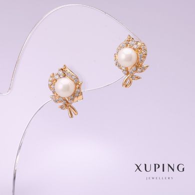 Сережки Xuping з перлами "Майорка" 9х14мм позолота 18к купити біжутерію дешево в інтернеті
