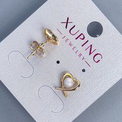 Сережки пусети кульчики Xuping Серце з перлиною d-4мм+- 9х9мм+- позолота 18к