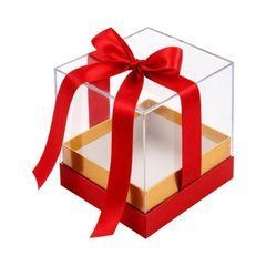Від 2 шт. Подарункова коробка 15*15*14,5см з прозорою кришкою та атласною стрічкою 1002-Red