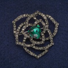 Брошка Квітка з зеленим кристалом і стразами, сірий метал 42х43мм купити біжутерію дешево в інтернеті