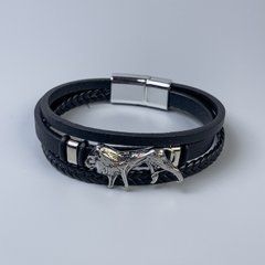 Браслет чоловічий екошкіра чорна з металевими вставками s-12-20мм+-L-22см+-сріблястий метал на застібці
