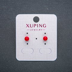 Сережки пусети кульчики Xuping Позолота 18К з червоною намистиною d-5мм + - купити біжутерію дешево в