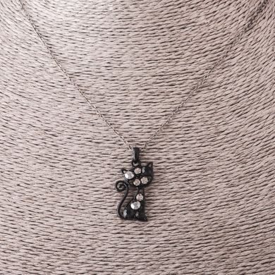 Кулон на ланцюжку "Нічний котик" в стразах d-3см L-55см- колір металу "срібло, чорна емаль" купити біжутерію