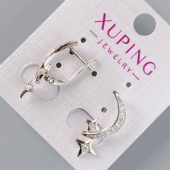 Сережки "Місяць та Зірки" Xuping з білими стразами d-24,5х10мм, родій купити біжутерію дешево в інтернеті