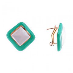 Сережки-пусети ромби бірюзова емаль з кабошоном "котяче око" метал золотистий, 25мм купити біжутерію дешево в