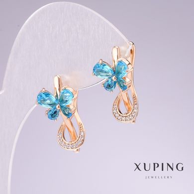 Сережки Xuping позолота 18к з блакитним камінням та білими стразами 20х11мм купити біжутерію дешево в