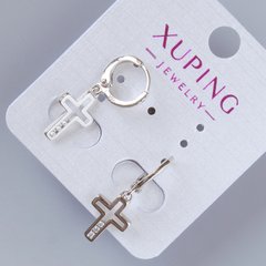 Сережки "Хрест" Xuping з білими стразами d-15,5х10мм, L-27мм+-, родій купити біжутерію дешево в інтернеті