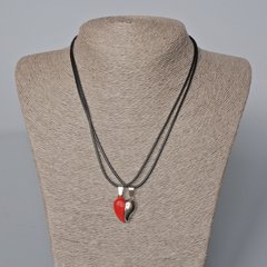 Парні кулони "Серце" на магніті, червона емаль, сріблястий метал 22х17,5мм + - L-45-50см+- купити біжутерію