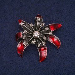 Брошка Квітка з червоною емаллю і стразами, сірий метал 37х41мм купити біжутерію дешево в інтернеті