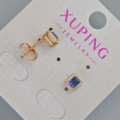 Сережки пусети Xuping з синім кристалом та білими стразами d-6,5х5,5мм+- Позолота 18К купити біжутерію дешево