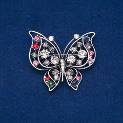 Брошка Метелик сріблястий метал, рожеві, сірі і бензин стрази 46х52мм + - купити біжутерію дешево в інтернеті