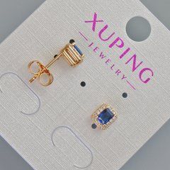 Сережки пусети Xuping з синім кристалом та білими стразами d-6,5х5,5мм+- Позолота 18К