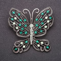Брошка Метелик зеленими стразами 52х56мм сірий метал купити біжутерію дешево в інтернеті