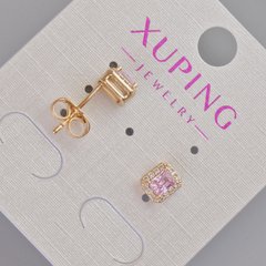 Сережки пусети Xuping з рожевим кристалом та білими стразами d-6,5х5,5мм+- Позолота 18К купити біжутерію