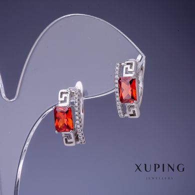 Сережки Xuping з червоними кристалами 8х15мм родій купити біжутерію дешево в інтернеті