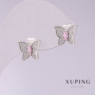 Сережки Xuping Метелики з рожевими каменями 9х11мм родій купити біжутерію дешево в інтернеті