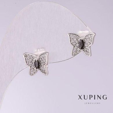 Сережки Xuping Метелики з чорними каменями 9х11мм родій купити біжутерію дешево в інтернеті