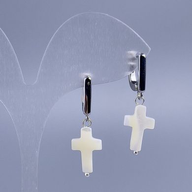 Сережки білий Перламутр хрест d-10х15мм L-34мм+- купити біжутерію дешево в інтернеті