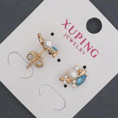 Сережки пусети кульчики Xuping з блакитними кристалами та Майоркою d-8х13мм Позолота 18К