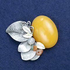 Брошка Гілочка з Янтарем їм. І камінням асорті сріблястий метал 60х50мм + -