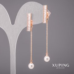 Сережки Xuping з білими каменями та перлами Майорка 6х55мм Позолота 18К купити біжутерію дешево в інтернеті