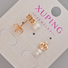 Сережки пусети Xuping "Корона" з білою намистиною та стразами d-12х6мм+- Позолота 18К купити біжутерію дешево