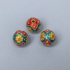 Фурнітура намистина Клуазоне бірюзова червона жовта емаль d-10мм+- отвір d-2мм золотистий колір металу 1 шт.