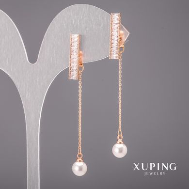 Сережки Xuping з білими каменями та перлами Майорка 6х55мм Позолота 18К купити біжутерію дешево в інтернеті