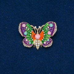 Брошка Метелик золотистий метал, емаль, рожеві, зелені і білі стрази 44х30мм + - купити біжутерію дешево в